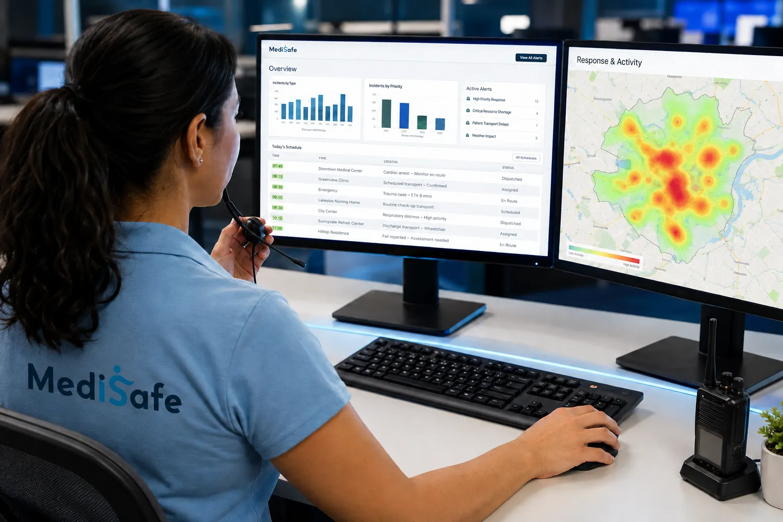 Dispecera MediSafe la birou — ecrane și hartă (demo)