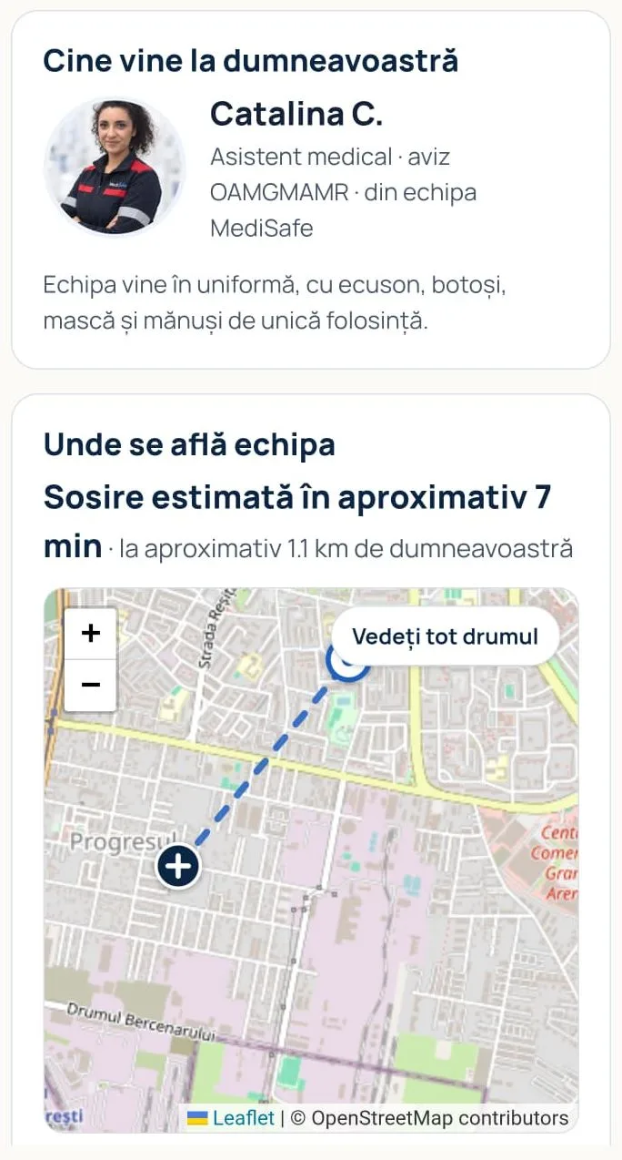 Pagina „Vizita mea”: cardul cu asistenta alocată și harta cu poziția echipajului